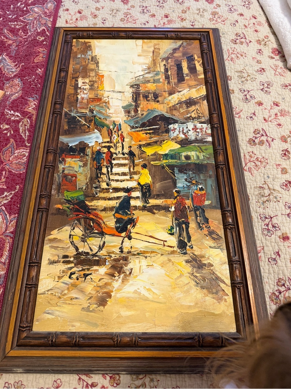 Vintage Signed Market Street Scene Painting in Brown, Yellow, Green